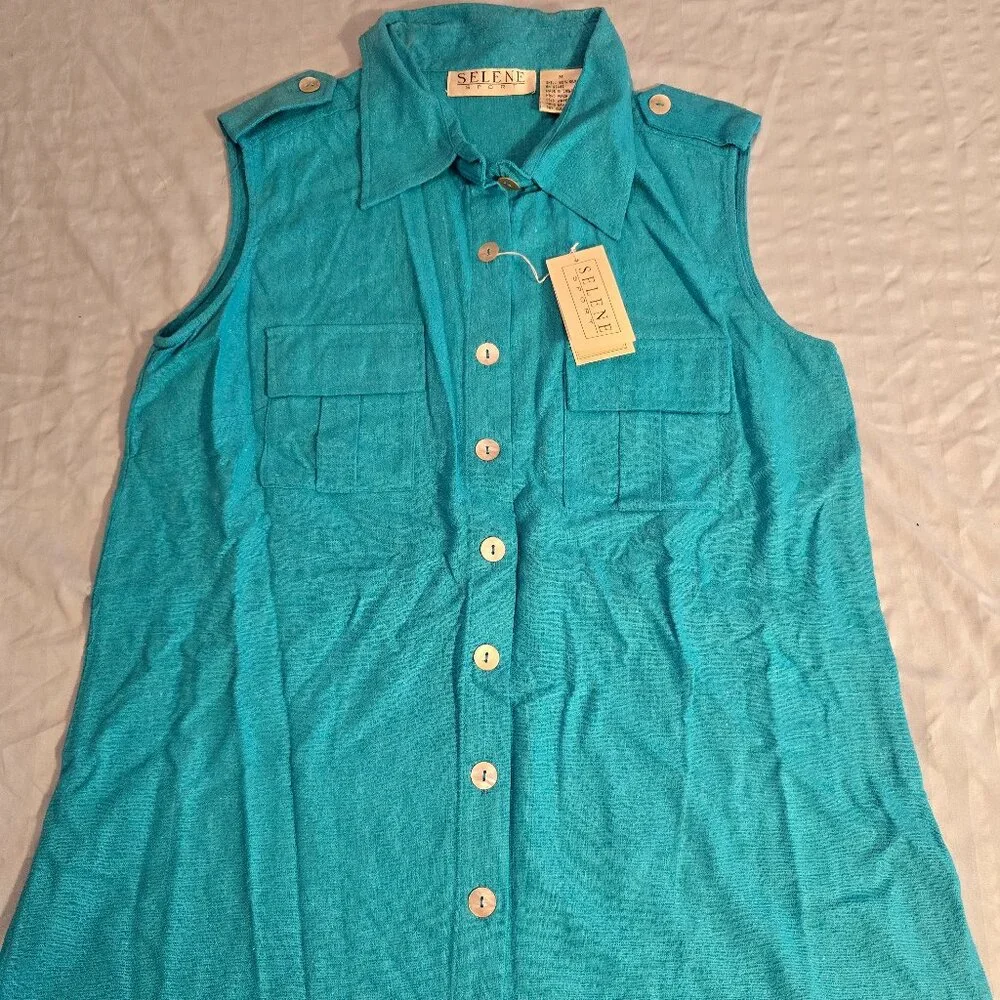 Shirt Women's Turquoise Sleeveless Silk Button Collar Selene Sport Med 1990s NWT - Picture 3 of 11
